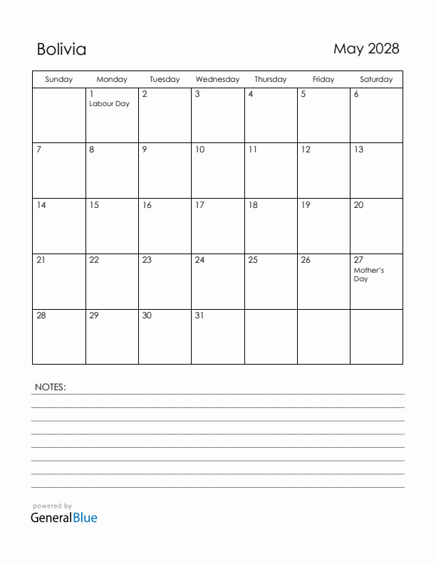 May 2028 Bolivia Calendar with Holidays (Sunday Start)