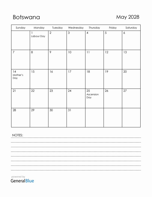 May 2028 Botswana Calendar with Holidays (Sunday Start)