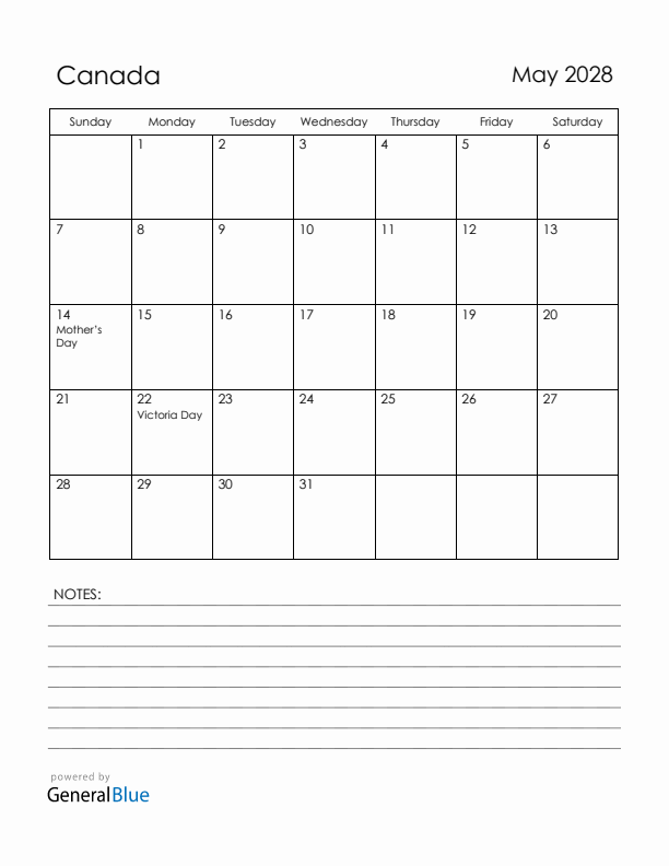 May 2028 Canada Calendar with Holidays (Sunday Start)