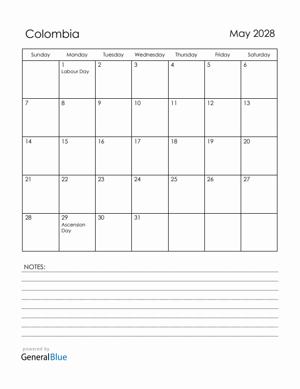May 2028 Colombia Calendar with Holidays (Sunday Start)
