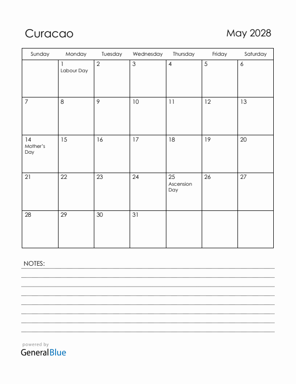 May 2028 Curacao Calendar with Holidays (Sunday Start)