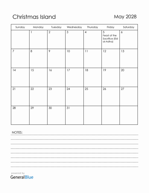 May 2028 Christmas Island Calendar with Holidays (Sunday Start)