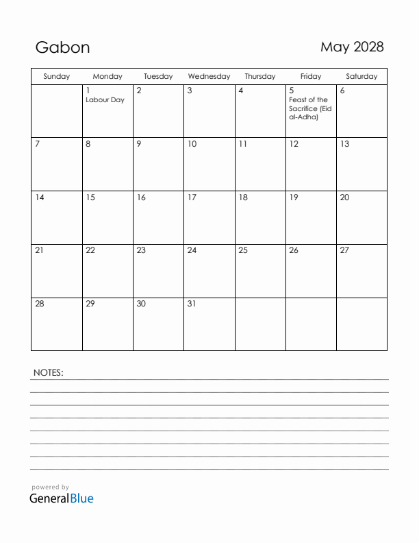 May 2028 Gabon Calendar with Holidays (Sunday Start)