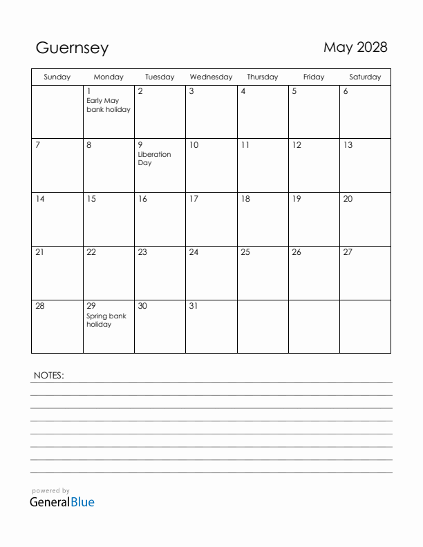 May 2028 Guernsey Calendar with Holidays (Sunday Start)