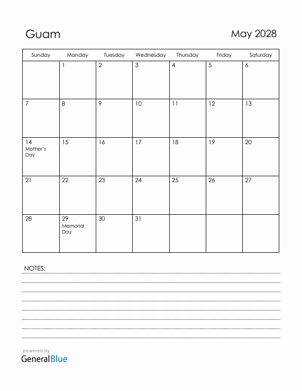 May 2028 Guam Calendar with Holidays (Sunday Start)