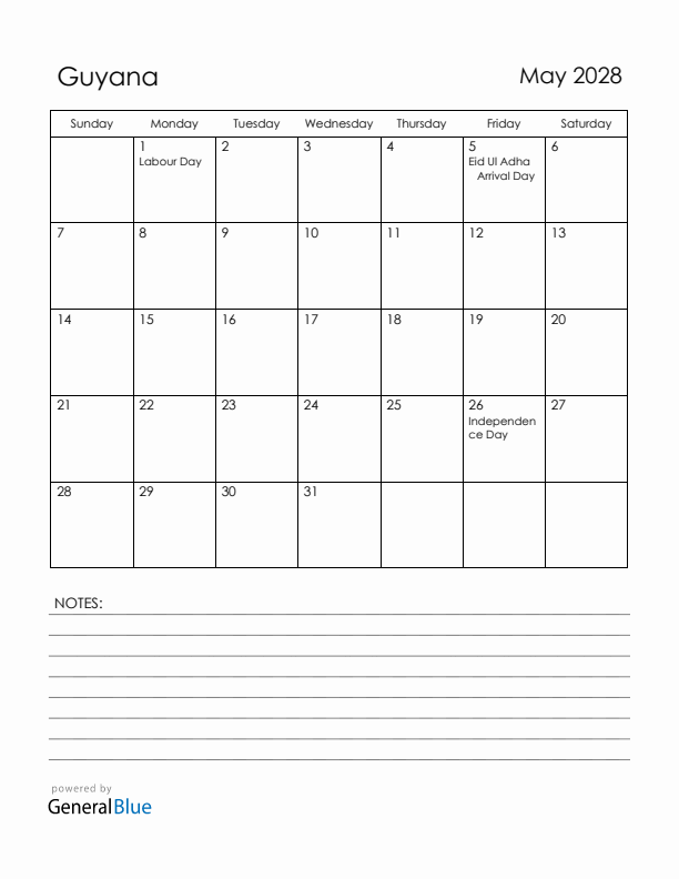 May 2028 Guyana Calendar with Holidays (Sunday Start)