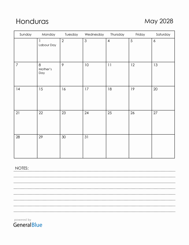 May 2028 Honduras Calendar with Holidays (Sunday Start)