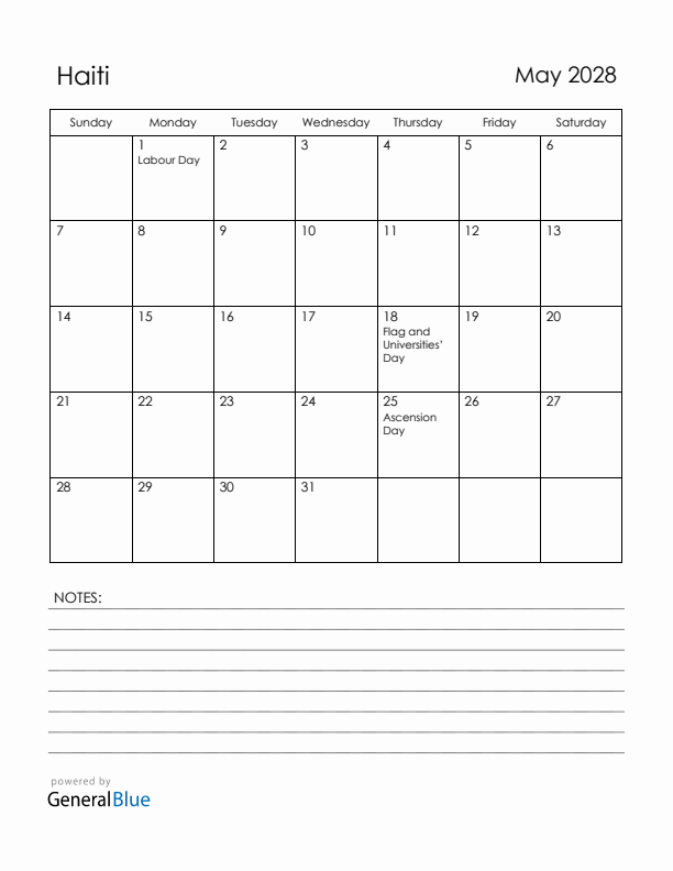 May 2028 Haiti Calendar with Holidays (Sunday Start)