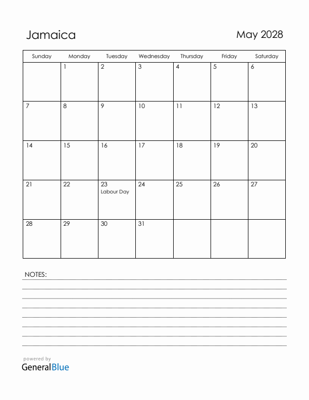 May 2028 Jamaica Calendar with Holidays (Sunday Start)