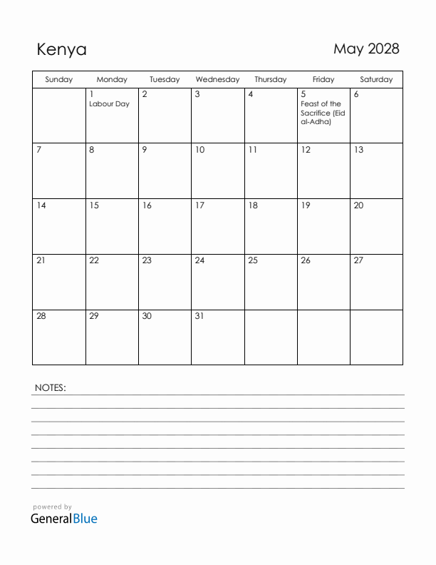 May 2028 Kenya Calendar with Holidays (Sunday Start)