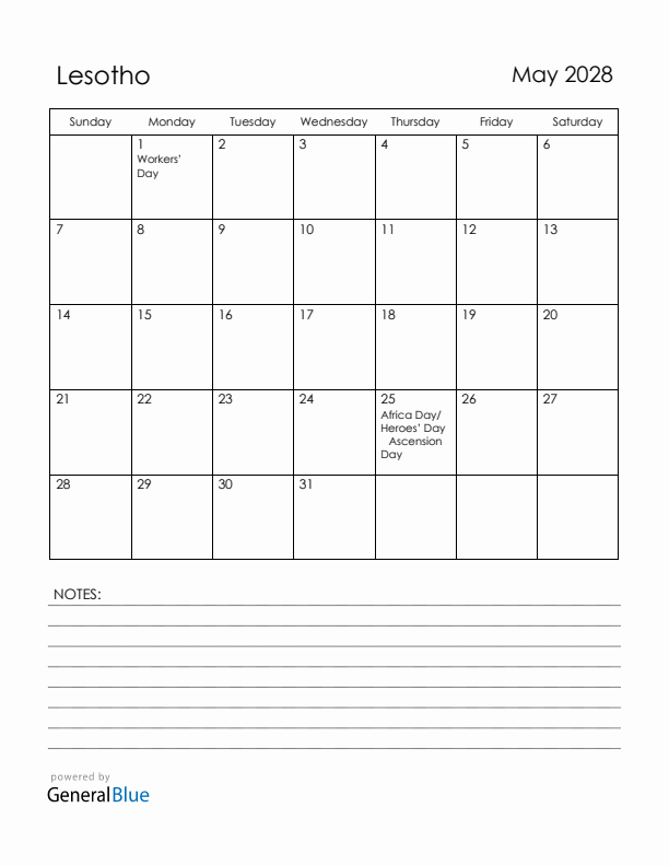 May 2028 Lesotho Calendar with Holidays (Sunday Start)