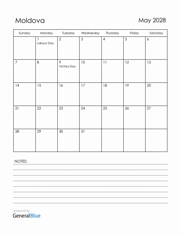 May 2028 Moldova Calendar with Holidays (Sunday Start)