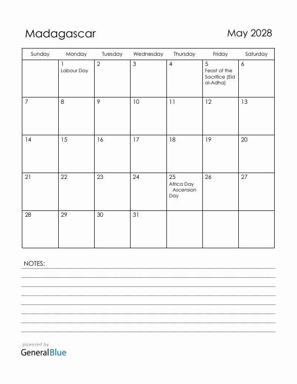 May 2028 Madagascar Calendar with Holidays (Sunday Start)