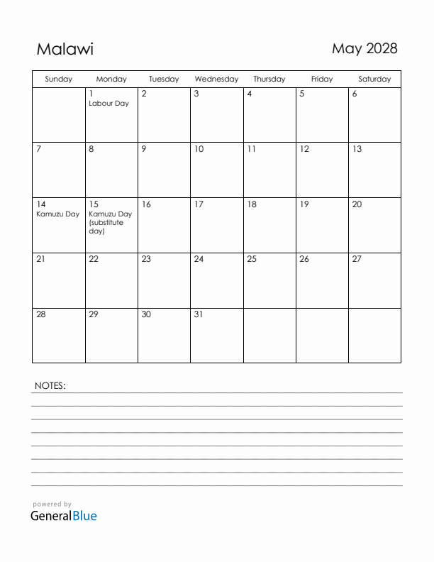 May 2028 Malawi Calendar with Holidays (Sunday Start)