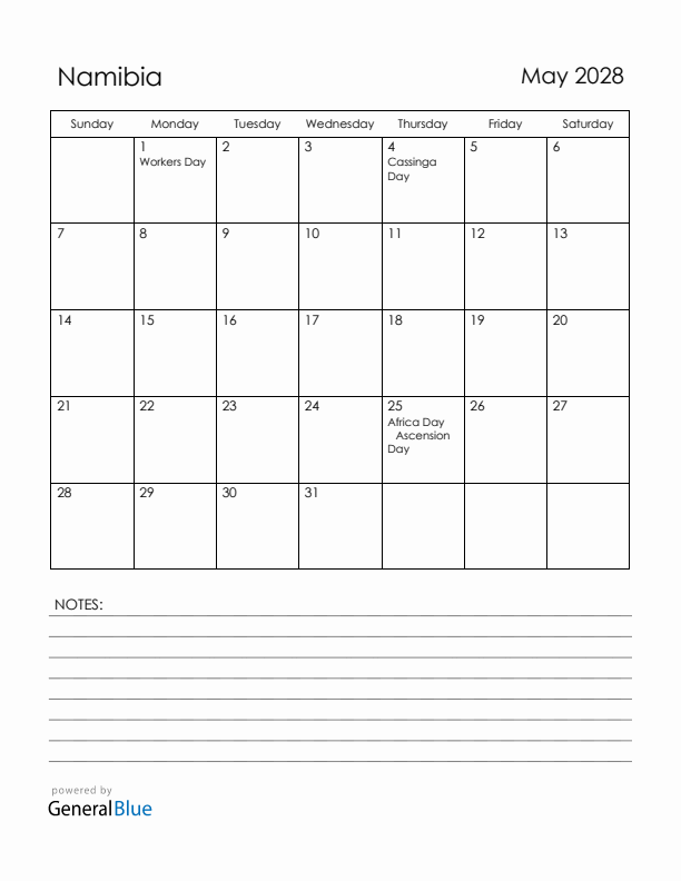 May 2028 Namibia Calendar with Holidays (Sunday Start)