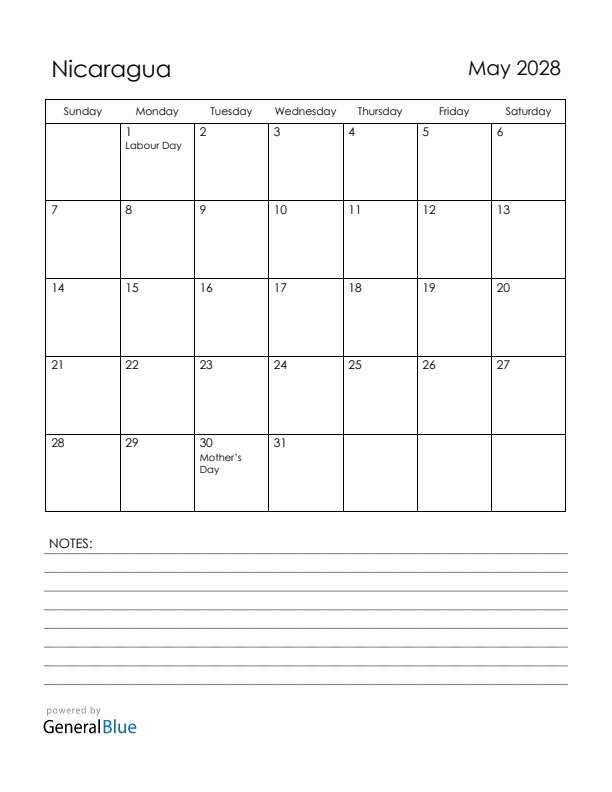 May 2028 Nicaragua Calendar with Holidays (Sunday Start)
