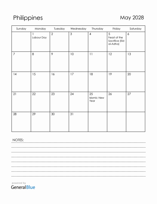 May 2028 Philippines Calendar with Holidays (Sunday Start)