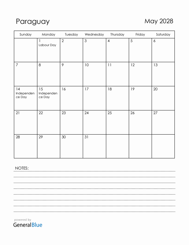 May 2028 Paraguay Calendar with Holidays (Sunday Start)