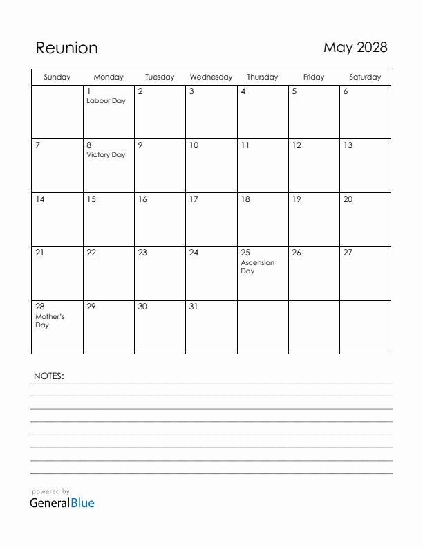 May 2028 Reunion Calendar with Holidays (Sunday Start)
