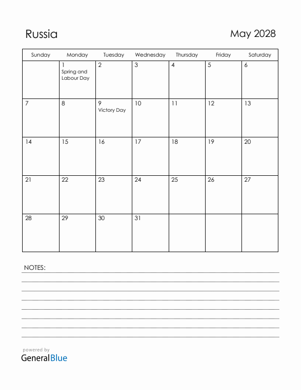 May 2028 Russia Calendar with Holidays (Sunday Start)