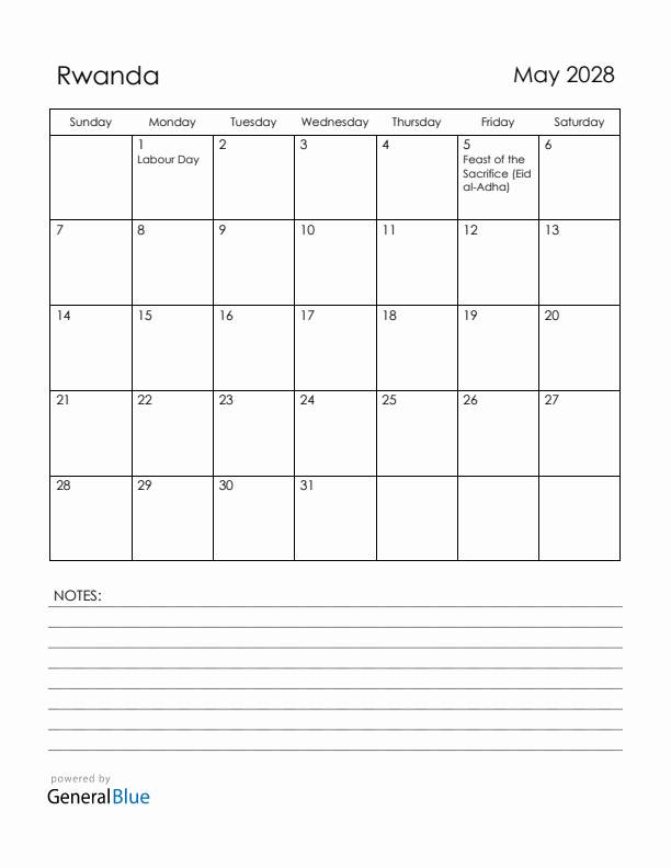 May 2028 Rwanda Calendar with Holidays (Sunday Start)