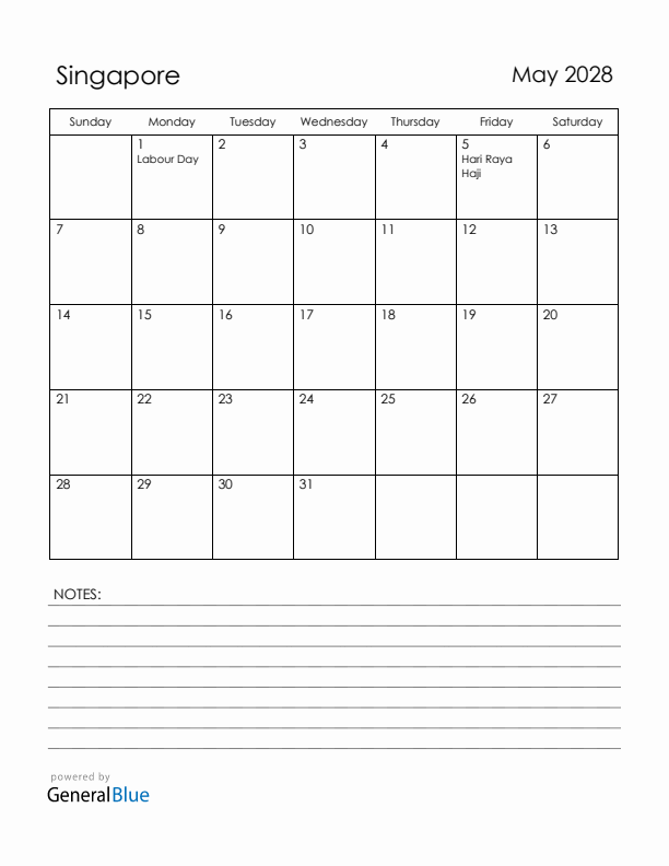 May 2028 Singapore Calendar with Holidays (Sunday Start)