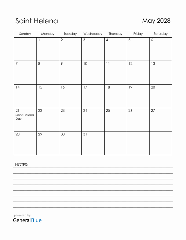 May 2028 Saint Helena Calendar with Holidays (Sunday Start)