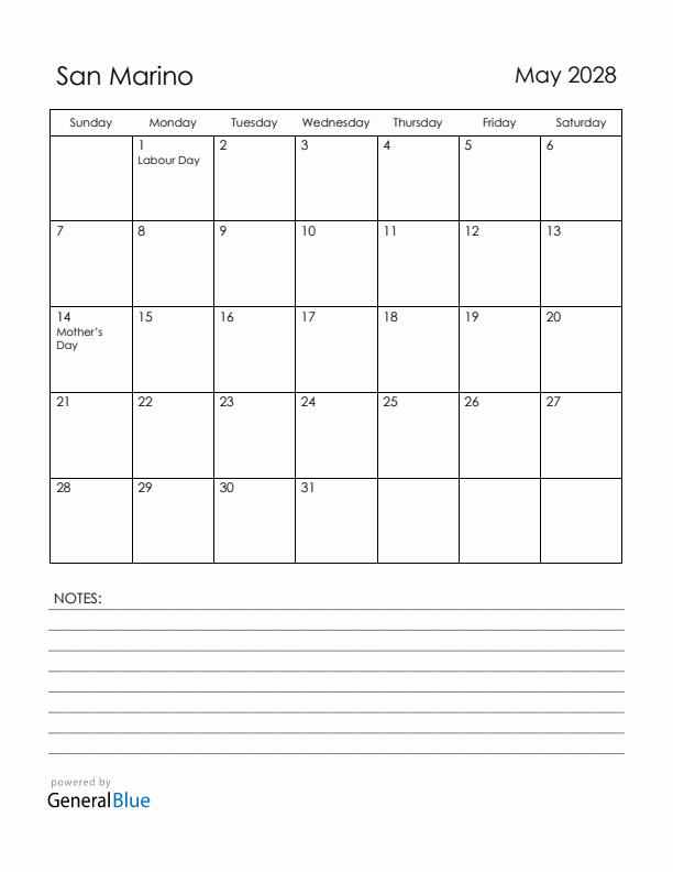 May 2028 San Marino Calendar with Holidays (Sunday Start)