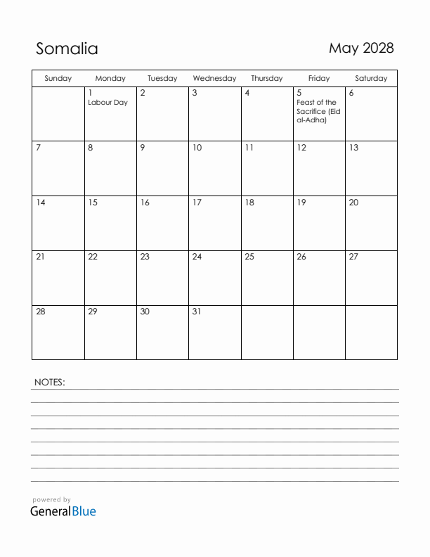 May 2028 Somalia Calendar with Holidays (Sunday Start)