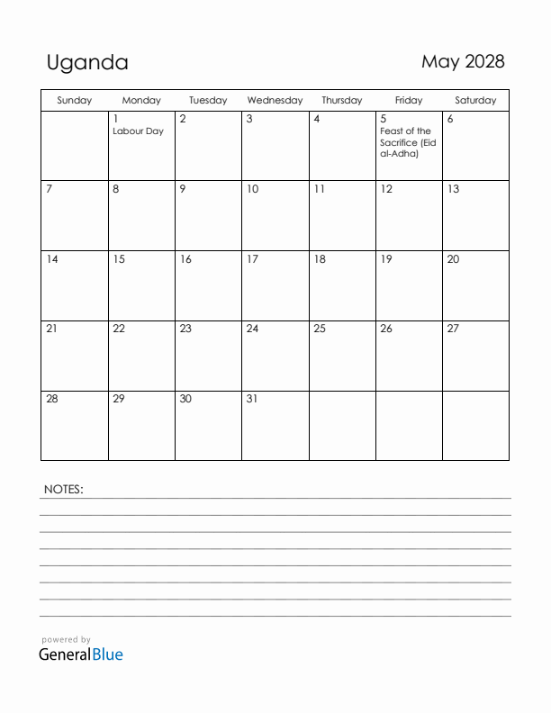 May 2028 Uganda Calendar with Holidays (Sunday Start)