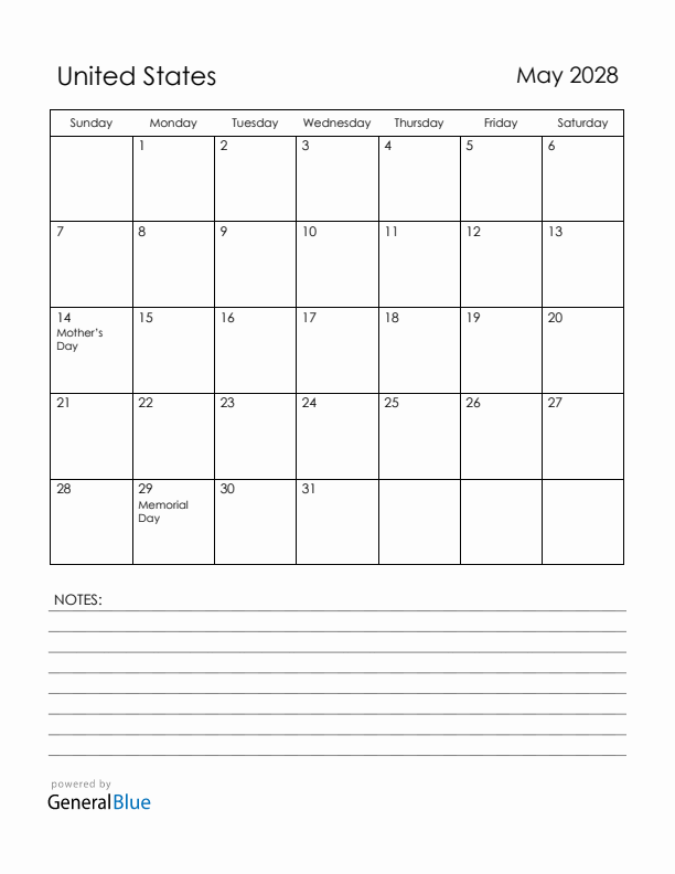 May 2028 United States Calendar with Holidays (Sunday Start)