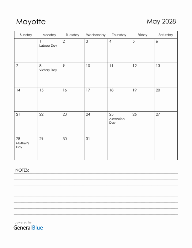 May 2028 Mayotte Calendar with Holidays (Sunday Start)