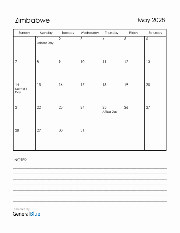 May 2028 Zimbabwe Calendar with Holidays (Sunday Start)