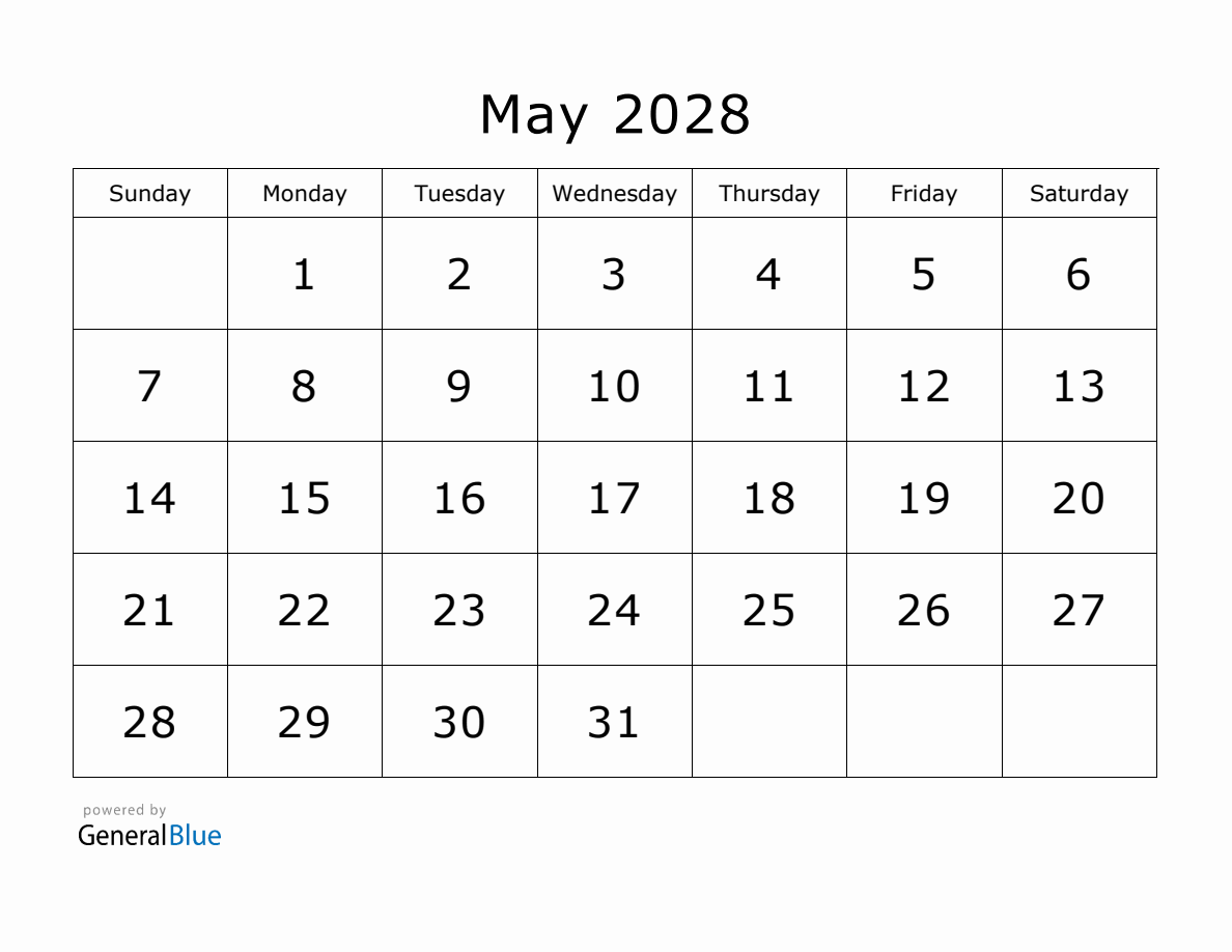 Printable May 2028 Calendar