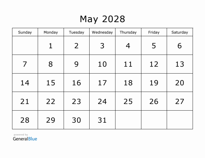 Printable May 2028 Calendar - Sunday Start