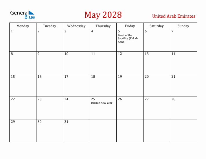 United Arab Emirates May 2028 Calendar - Monday Start