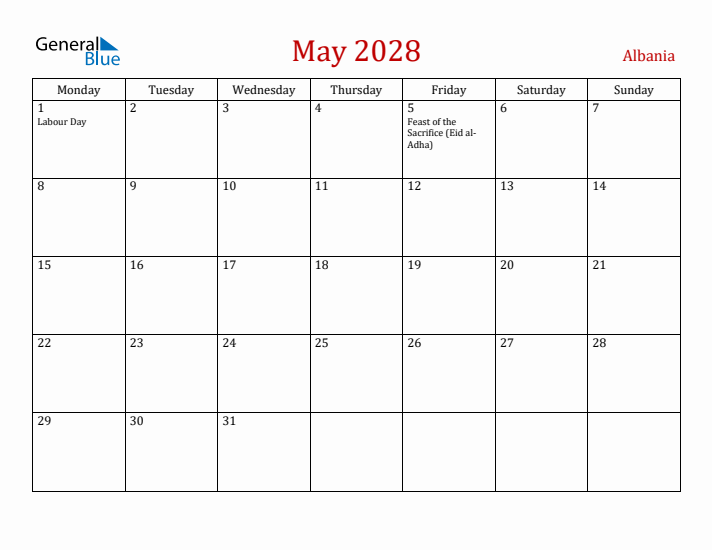 Albania May 2028 Calendar - Monday Start