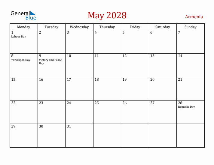 Armenia May 2028 Calendar - Monday Start