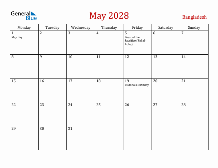 Bangladesh May 2028 Calendar - Monday Start