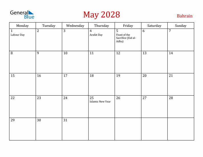 Bahrain May 2028 Calendar - Monday Start