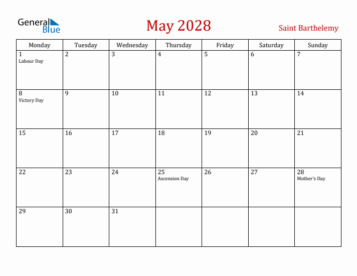 Saint Barthelemy May 2028 Calendar - Monday Start