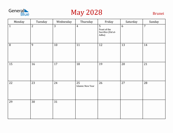 Brunei May 2028 Calendar - Monday Start