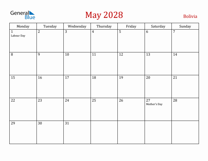 Bolivia May 2028 Calendar - Monday Start
