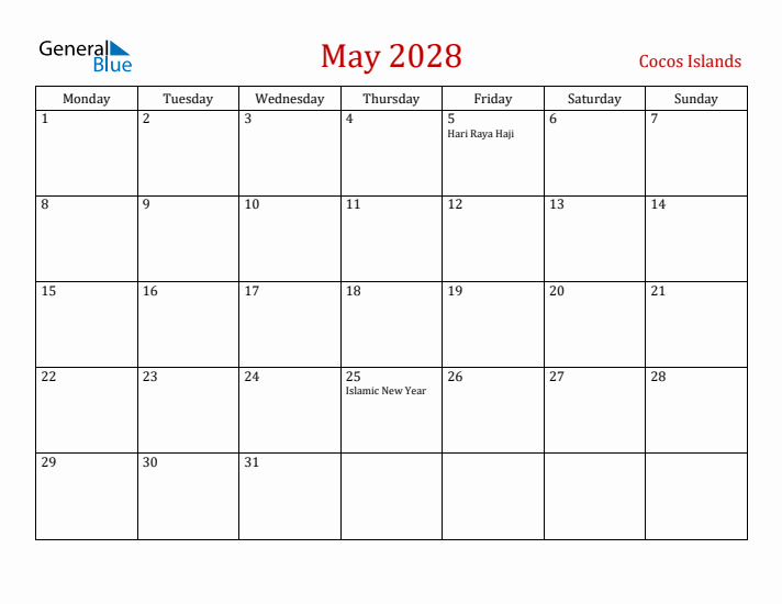 Cocos Islands May 2028 Calendar - Monday Start