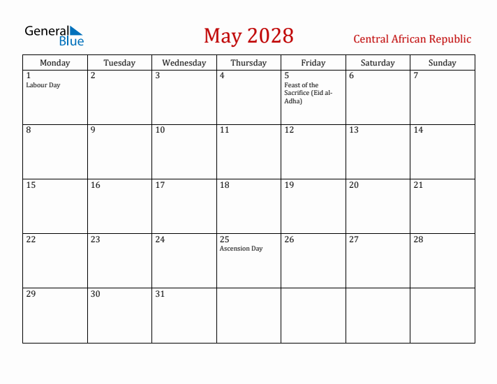 Central African Republic May 2028 Calendar - Monday Start