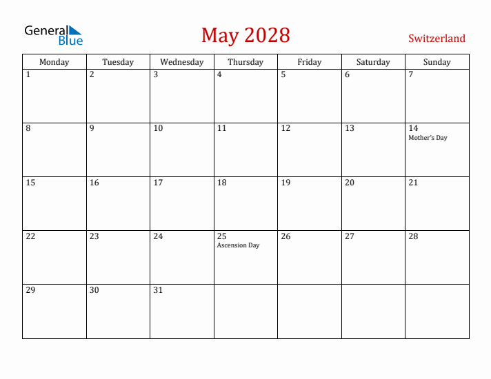 Switzerland May 2028 Calendar - Monday Start