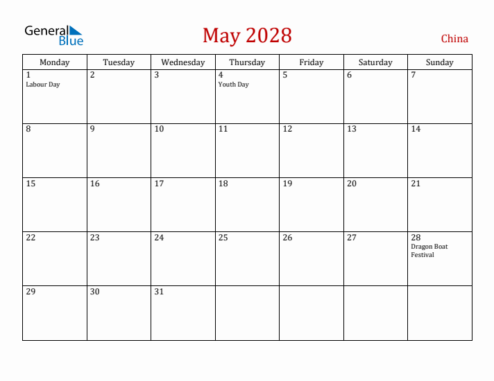 China May 2028 Calendar - Monday Start