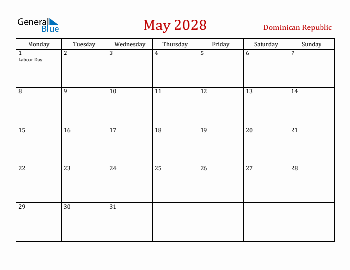Dominican Republic May 2028 Calendar - Monday Start