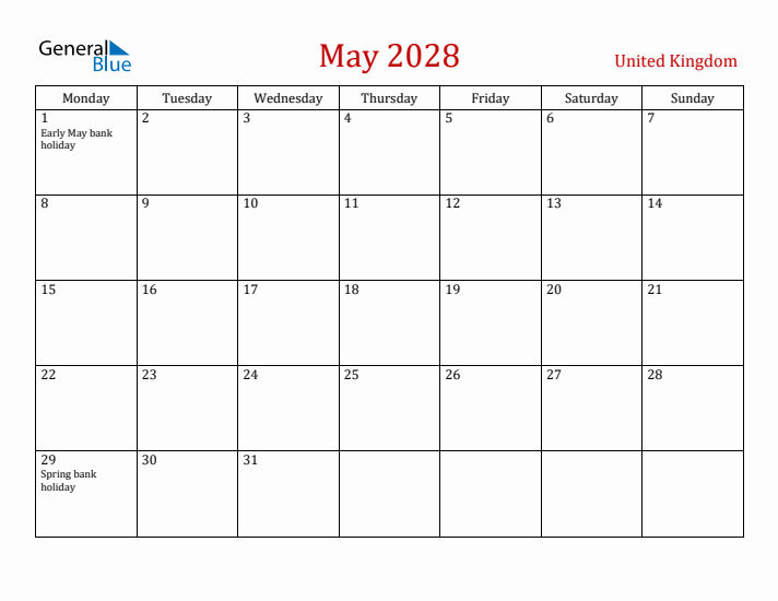 United Kingdom May 2028 Calendar - Monday Start
