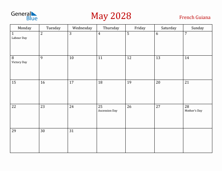 French Guiana May 2028 Calendar - Monday Start